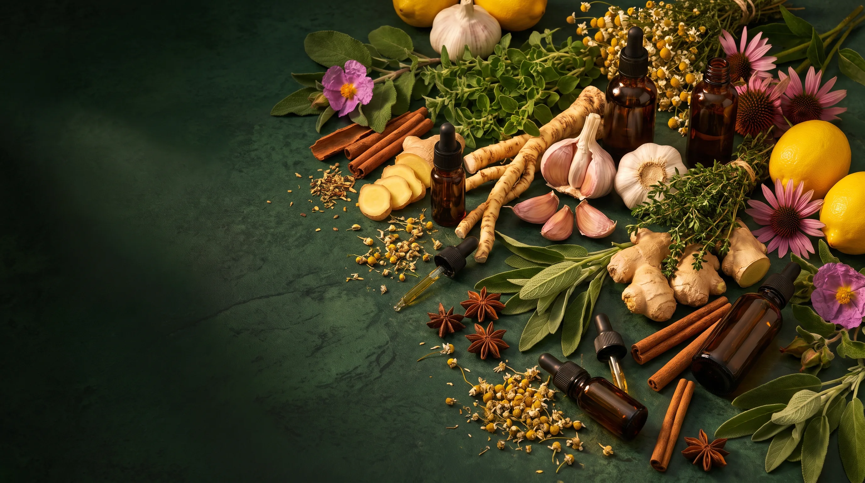 Kräuter, Gewürze und Tinkturen in einer botanischen Apotheke