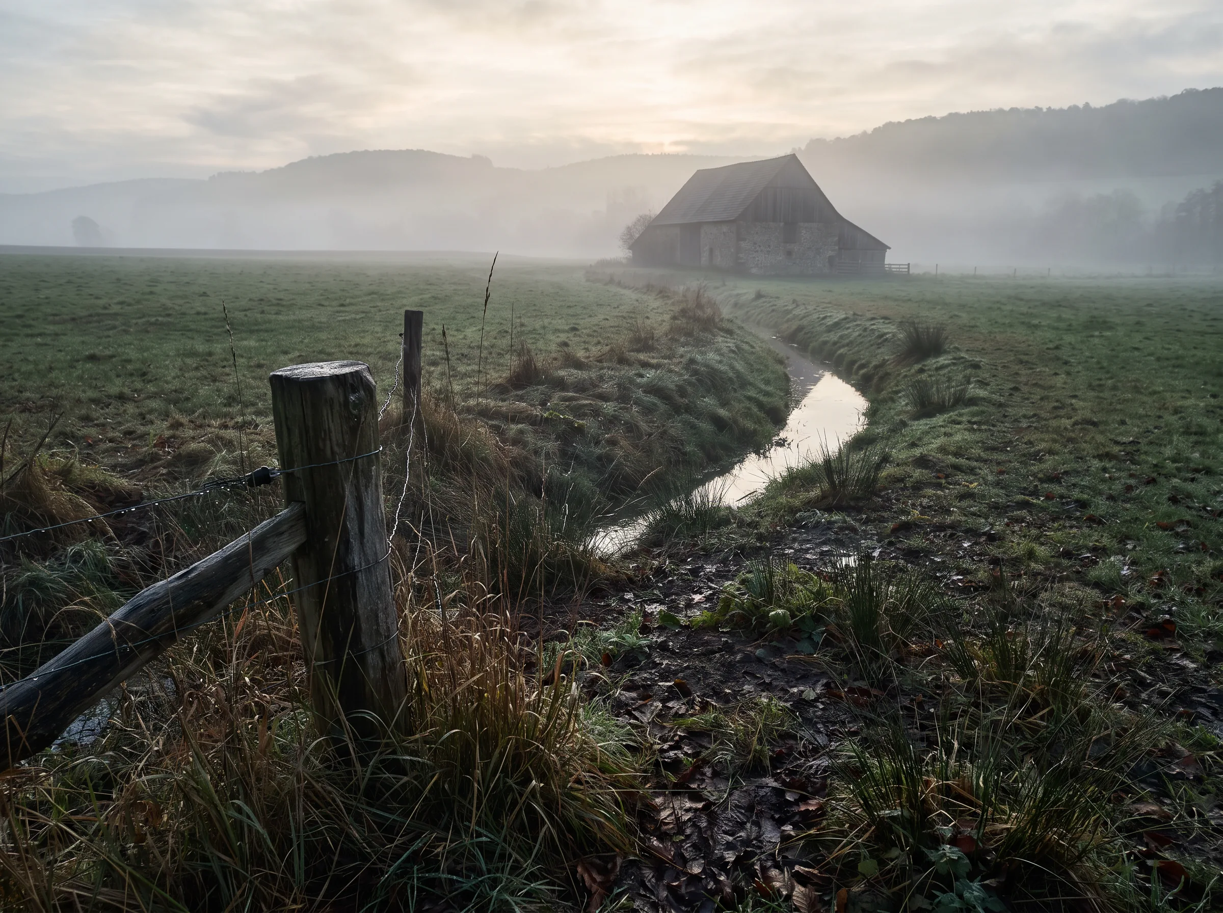Landwirtschaftliche Landschaft und Wasserlauf als Metapher für Umwelt und Verantwortung
