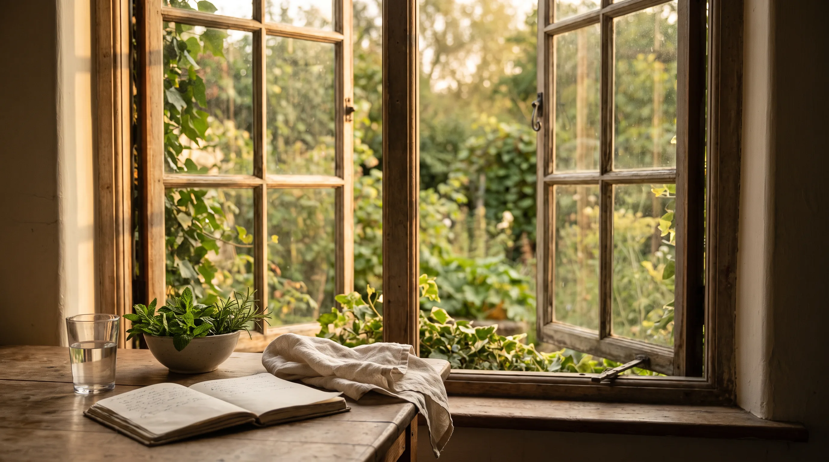 Offenes Fenster mit Kräutern, Wasser und Notizbuch vor einem grünen Garten als Bildmetapher für Eigenverantwortung