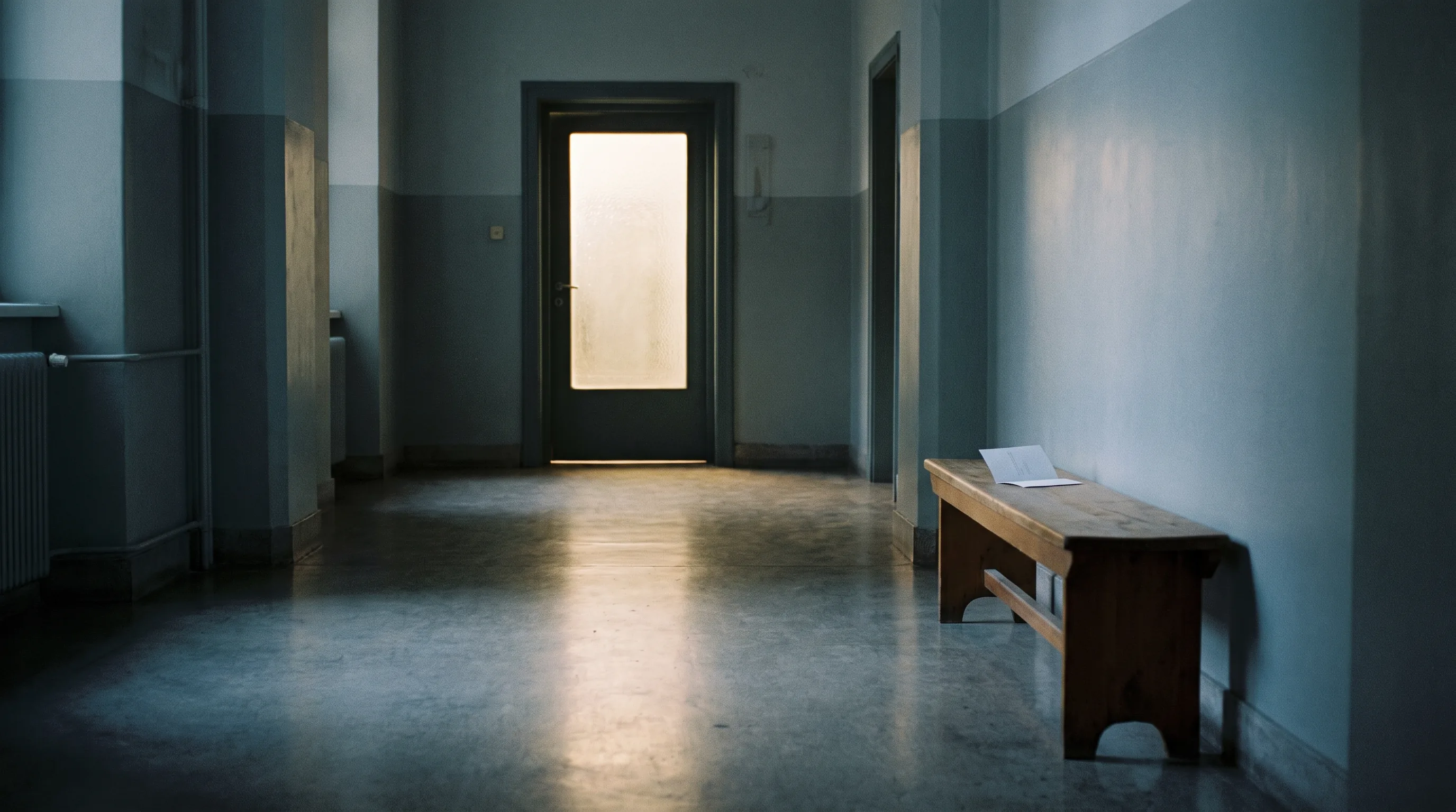 Leerer institutioneller Korridor mit Licht hinter einer Tür als Bildmetapher für Distanz und starre Strukturen