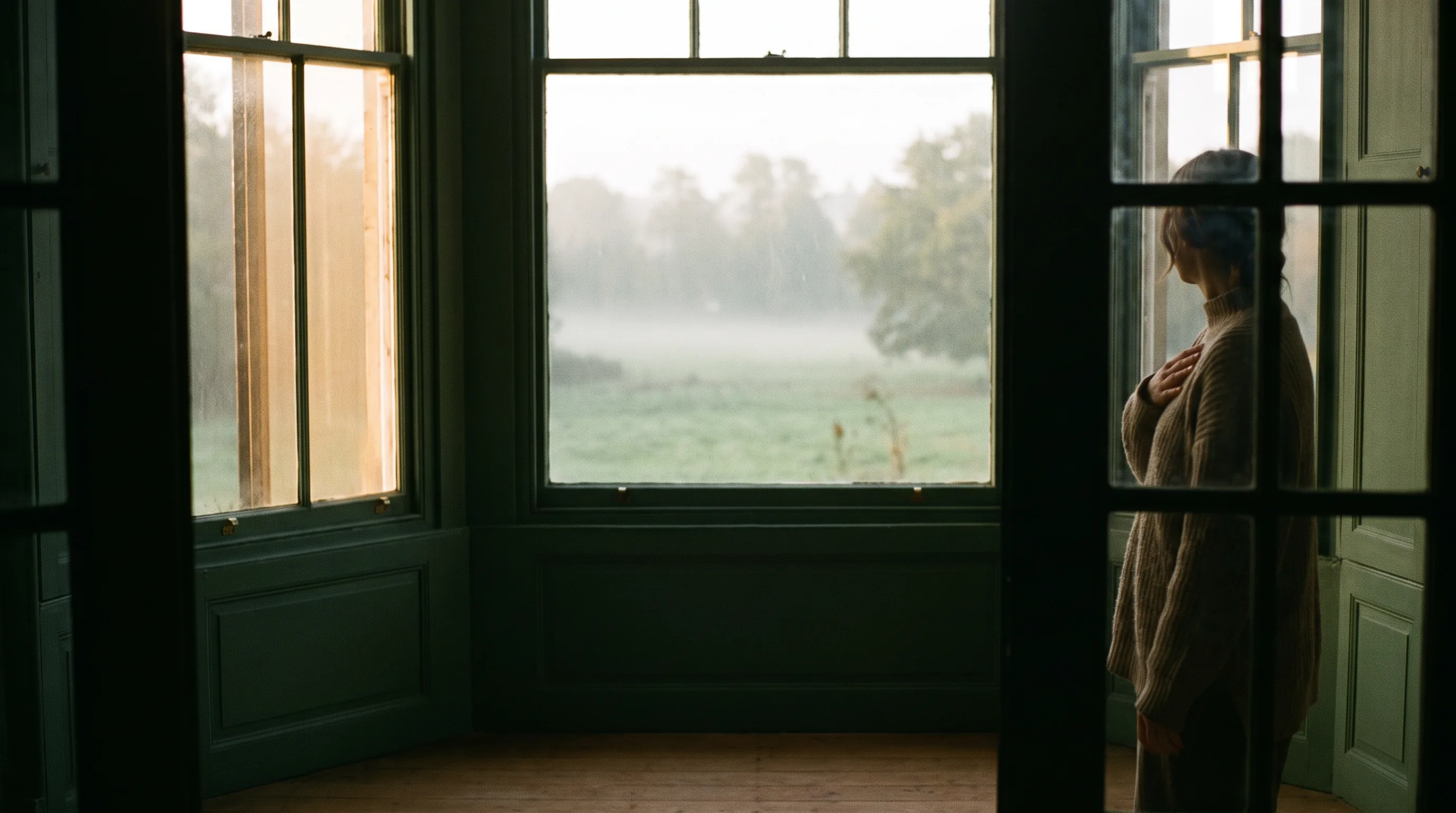 Person am geöffneten Fenster mit Blick in eine neblige Landschaft als Metapher für Selbstwahrnehmung