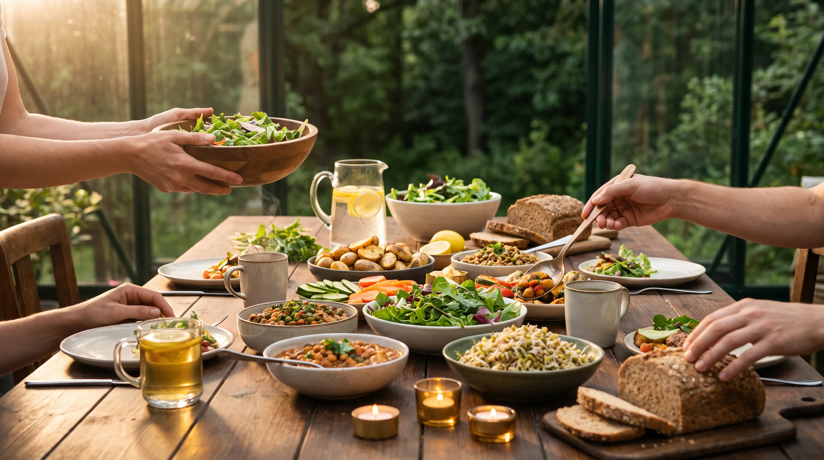 Pflanzenbasierte Mahlzeit mit Salaten, Kartoffeln, Gemüse und Händen an einem gedeckten Tisch
