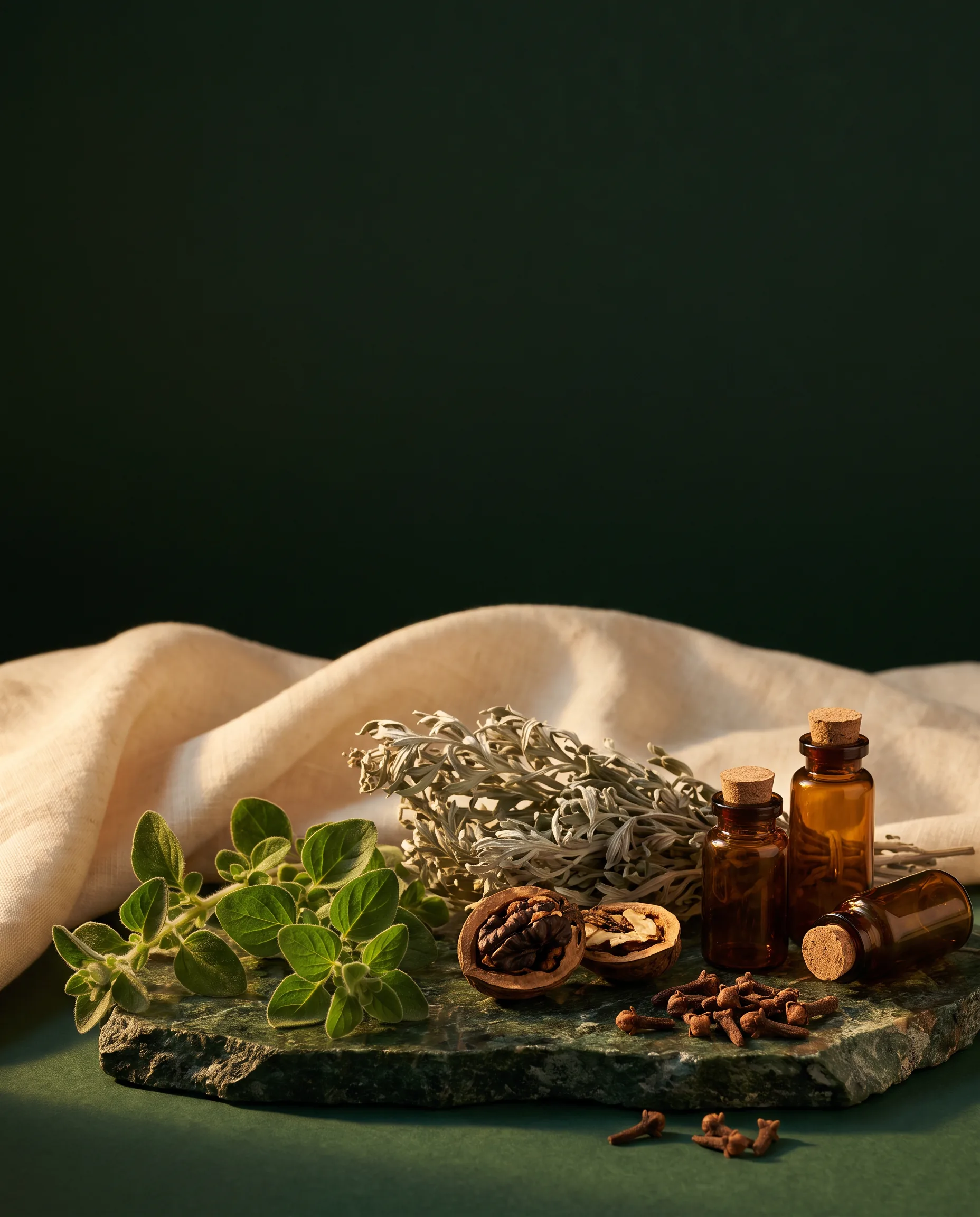 Oregano, Wermut, schwarze Walnüsse, Nelken und unbeschriftete Kräuterflaschen