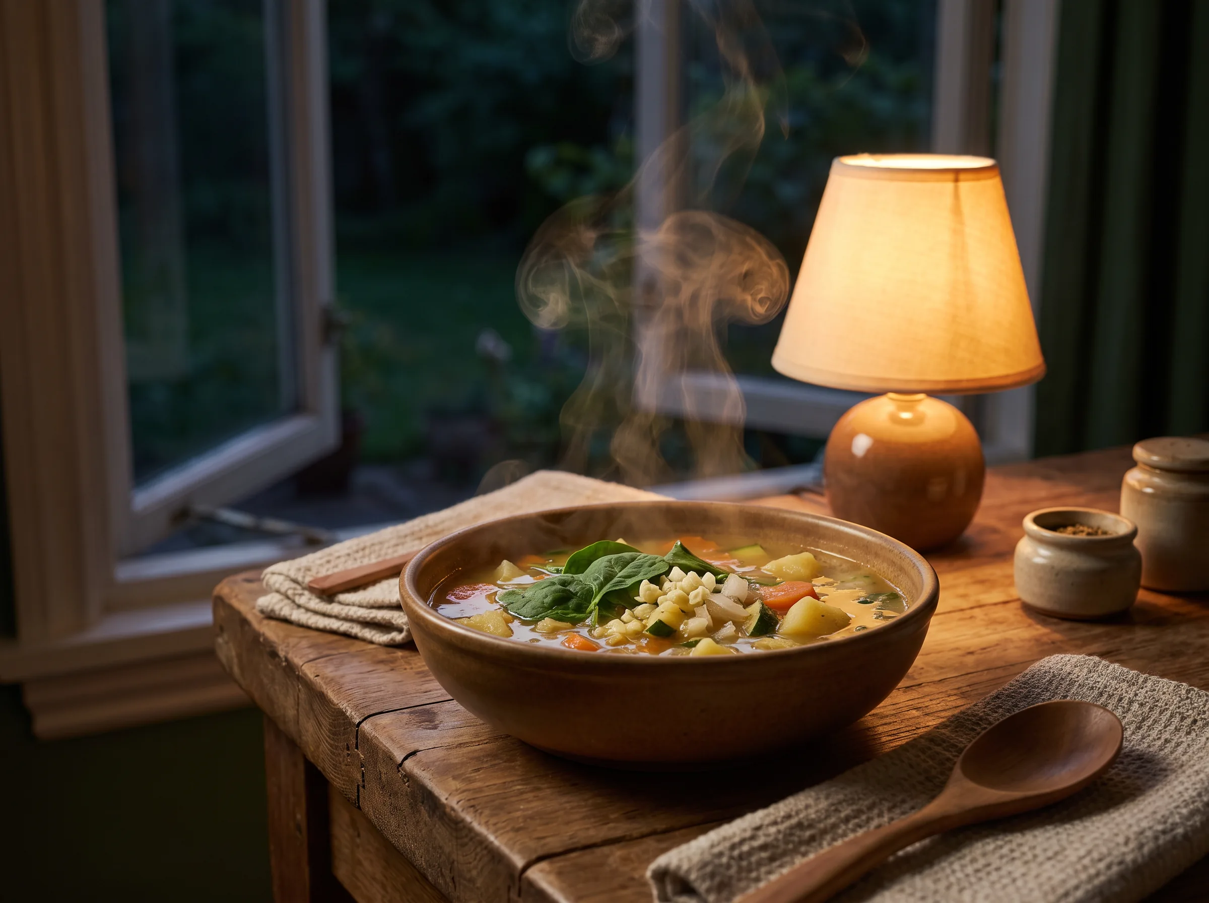 Wärmende Suppe am Abend vor einem offenen Fenster als Bild für Erdung und Ruhe