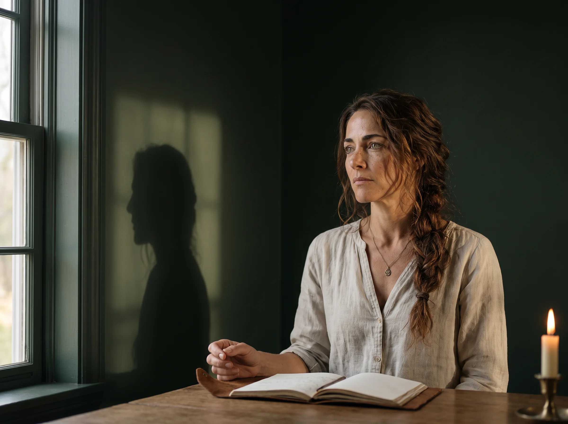 Mara Klein neben ihrem natürlichen Fensterschatten und einem offenen Tagebuch