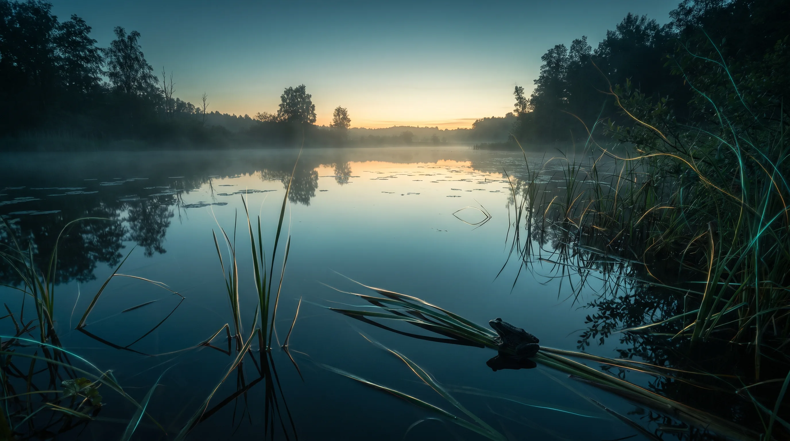 Frosch in einer ruhigen Morgenlandschaft als Metapher für Entwicklung und Anpassung