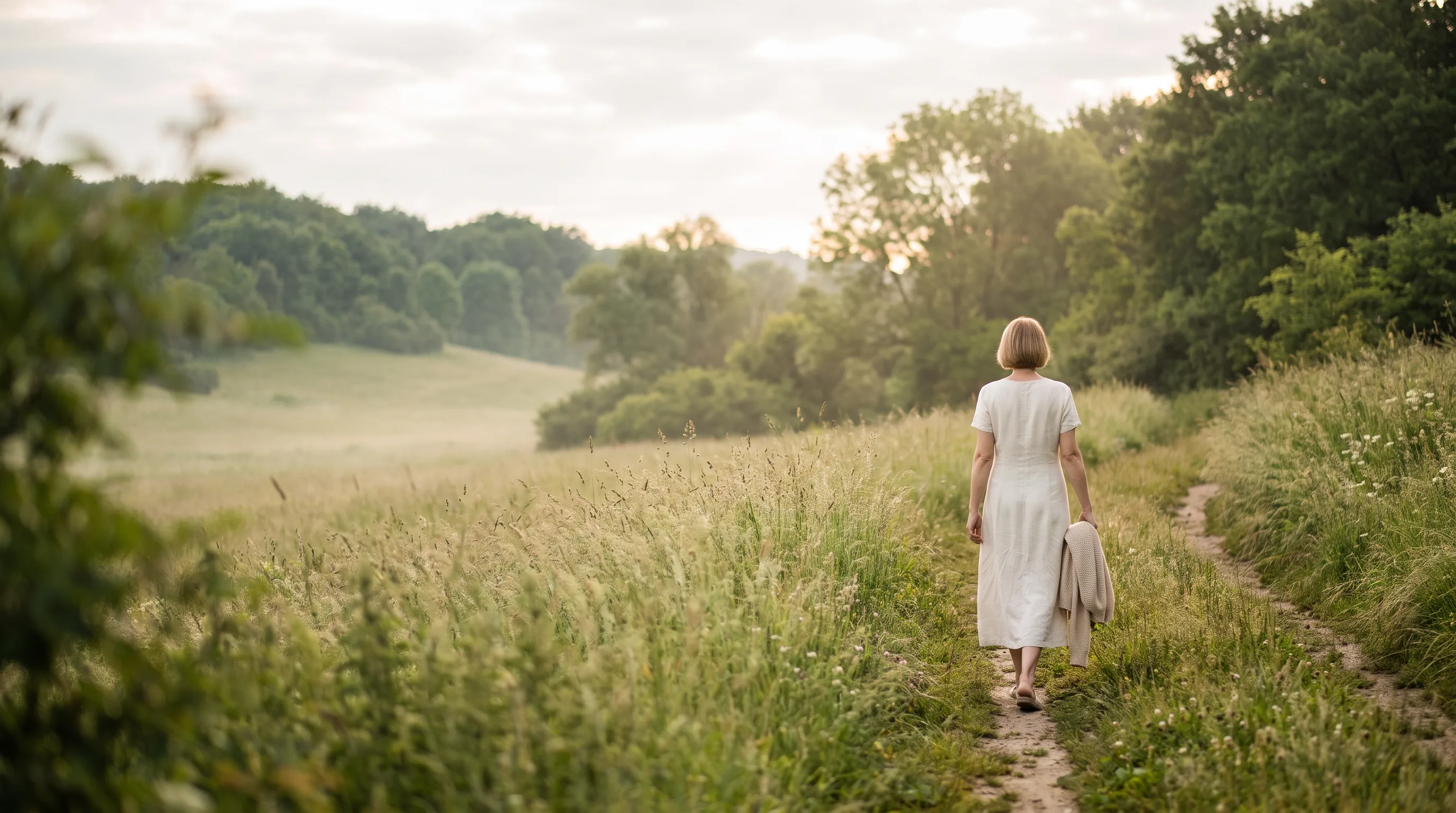 Frau geht in ruhigem Morgenlicht auf einem Wiesenweg