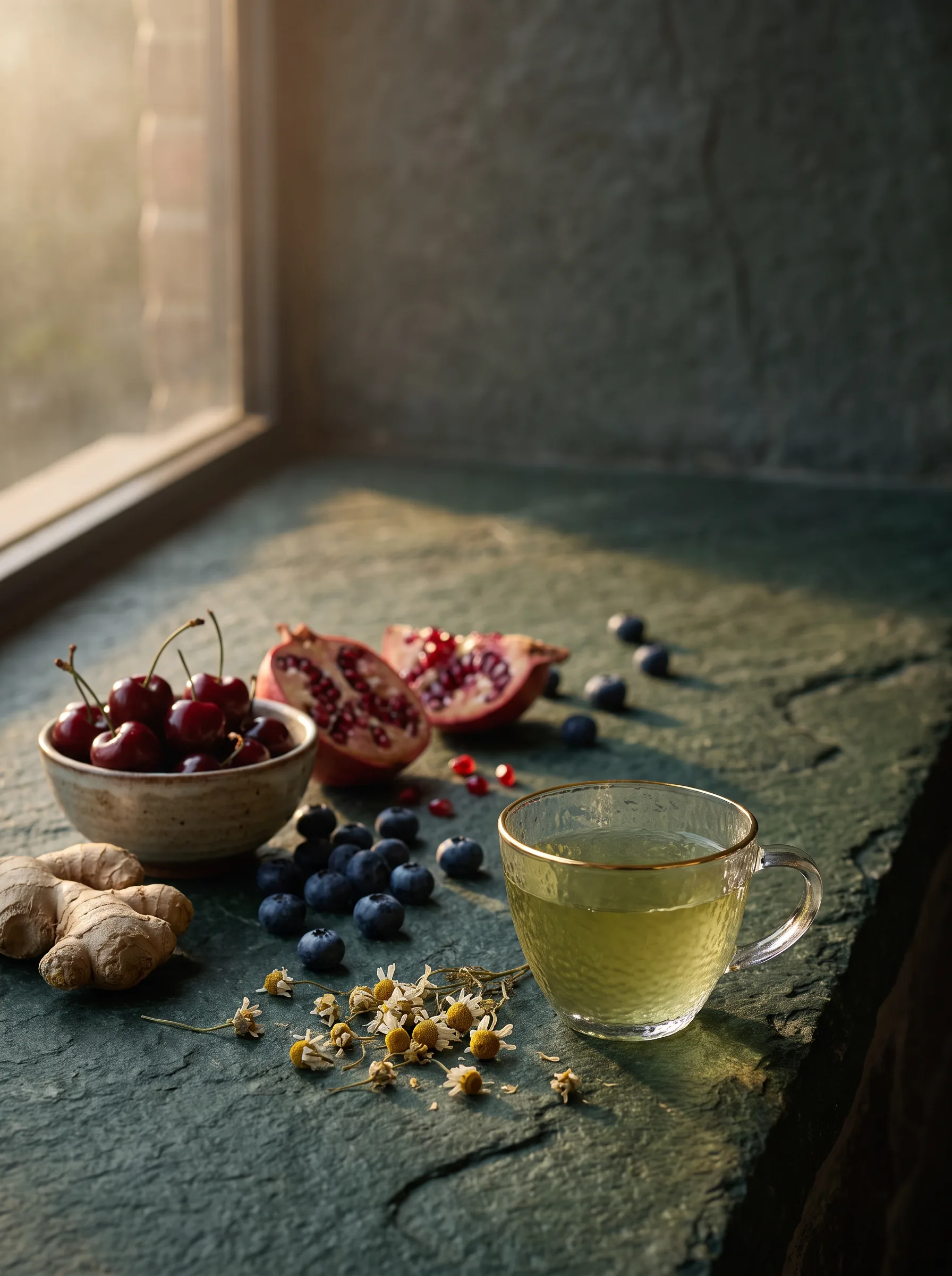 Grüner Tee, Kirschen, Beeren, Granatapfel und Ingwer im warmen Abendlicht
