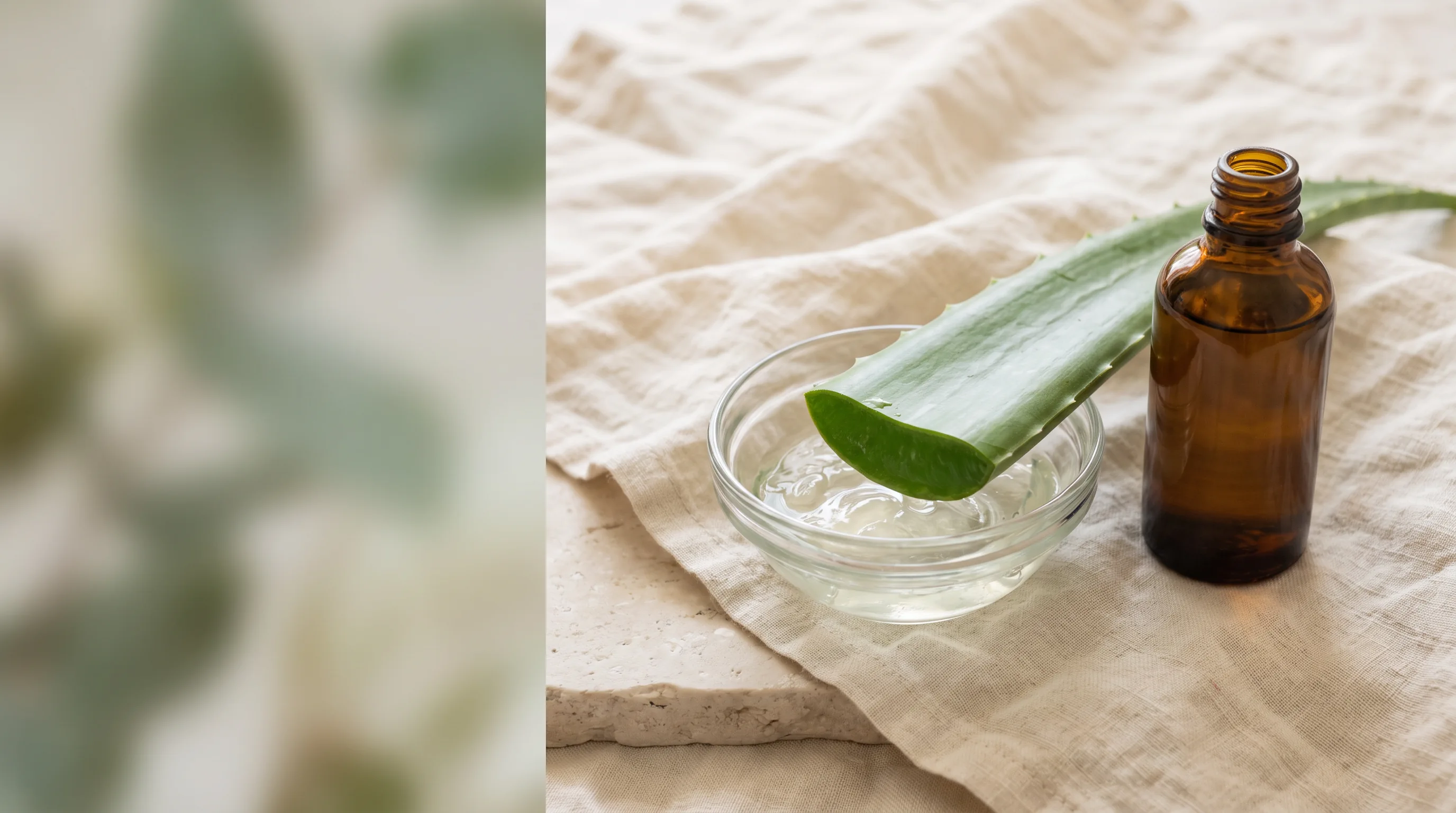 Frisches Aloe-Vera-Gel und Blatt auf warmem Naturstein