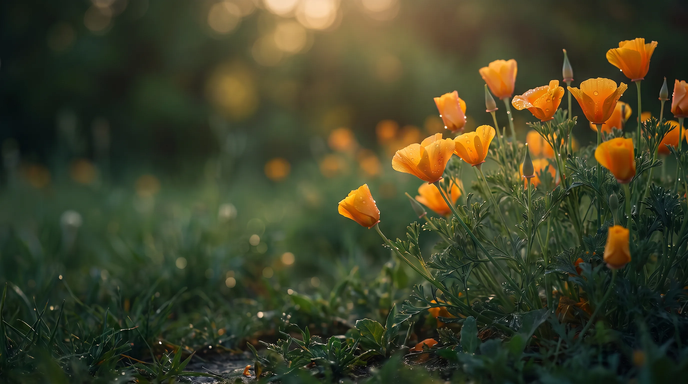 Kalifornischer Goldmohn im warmen Wiesenlicht