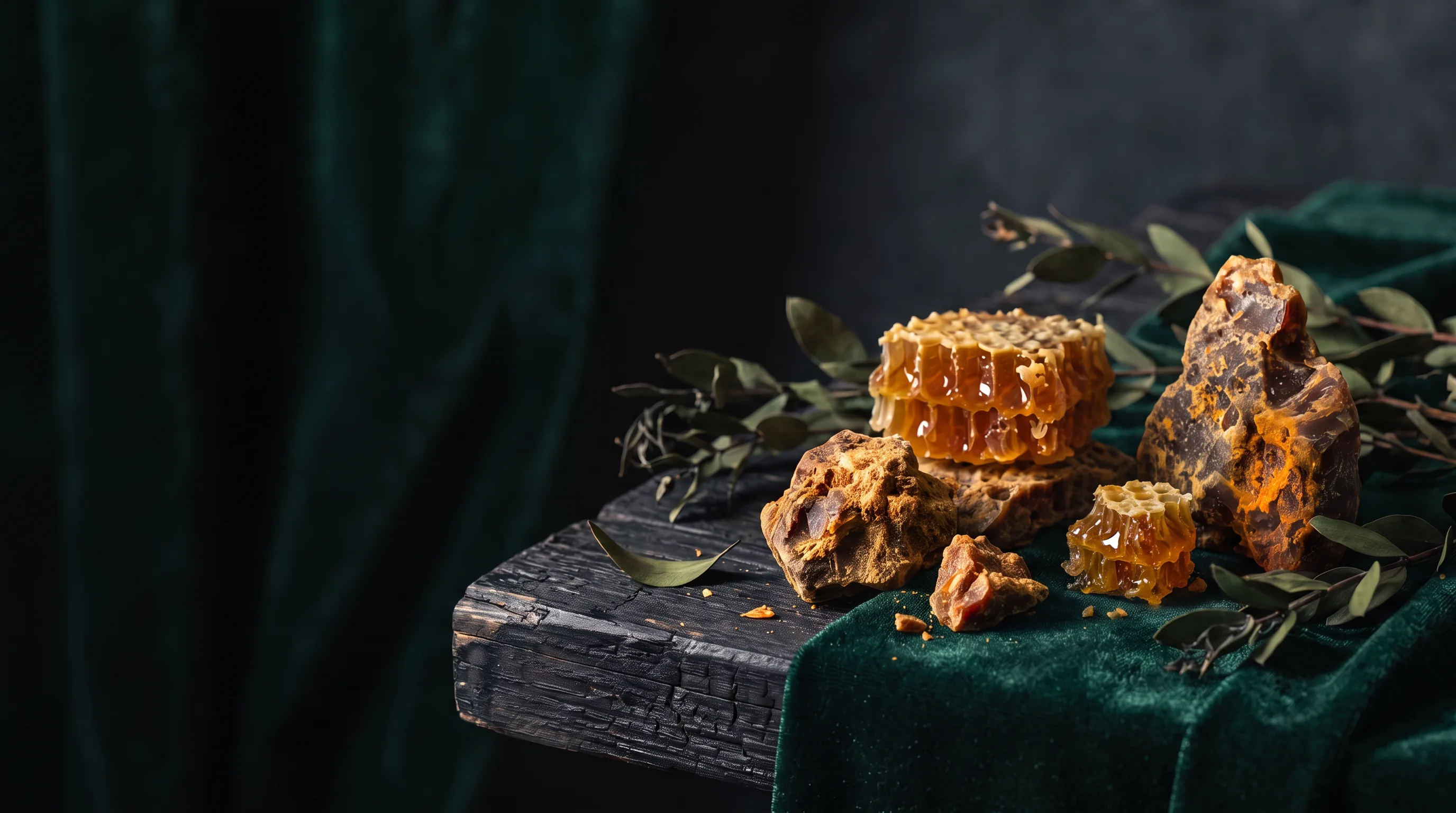 Rohes Propolis und Honigwabe als botanisches Stillleben