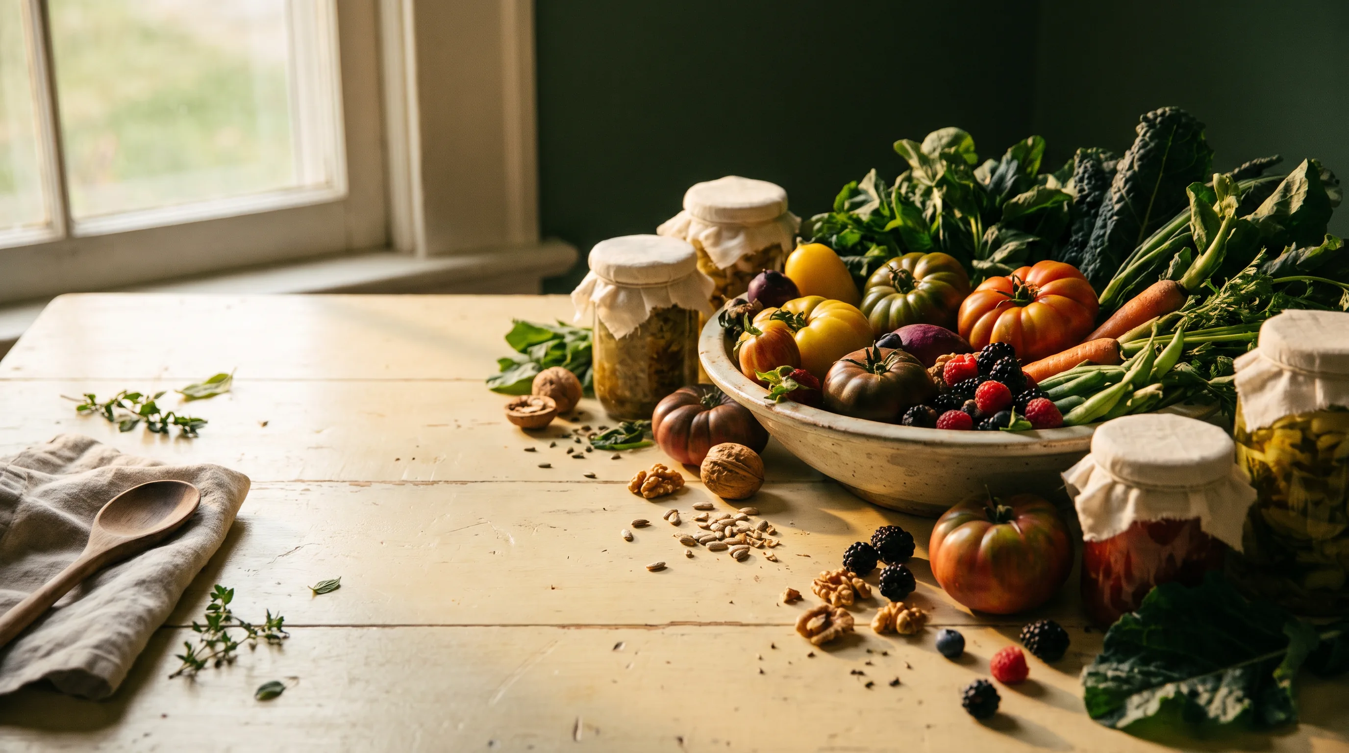 Vielfältige pflanzliche Lebensmittel und Fermentation als Bild für das Mikrobiom
