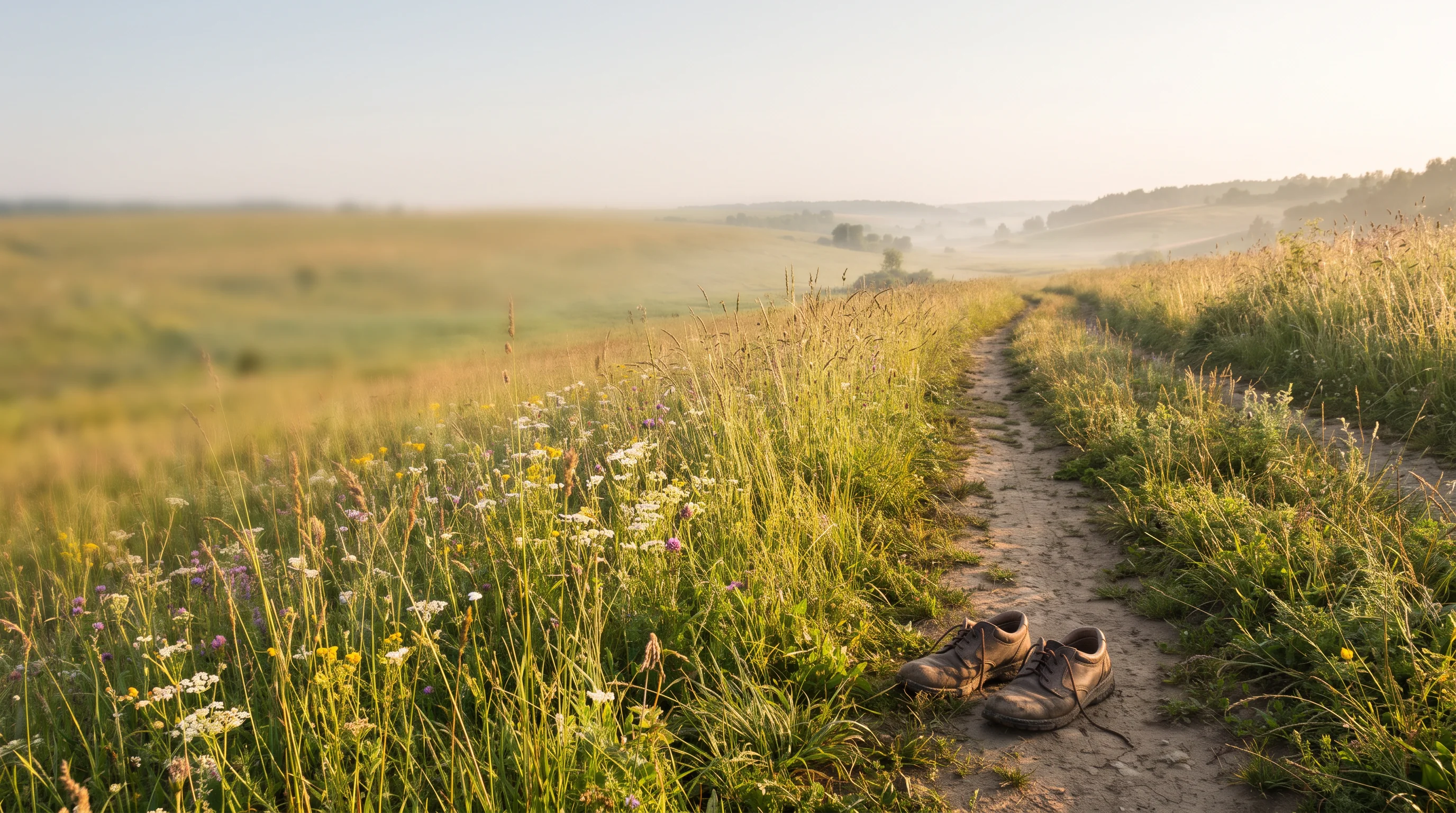 Sonniger Naturweg und Wanderschuhe als Einladung zu Bewegung und Erneuerung