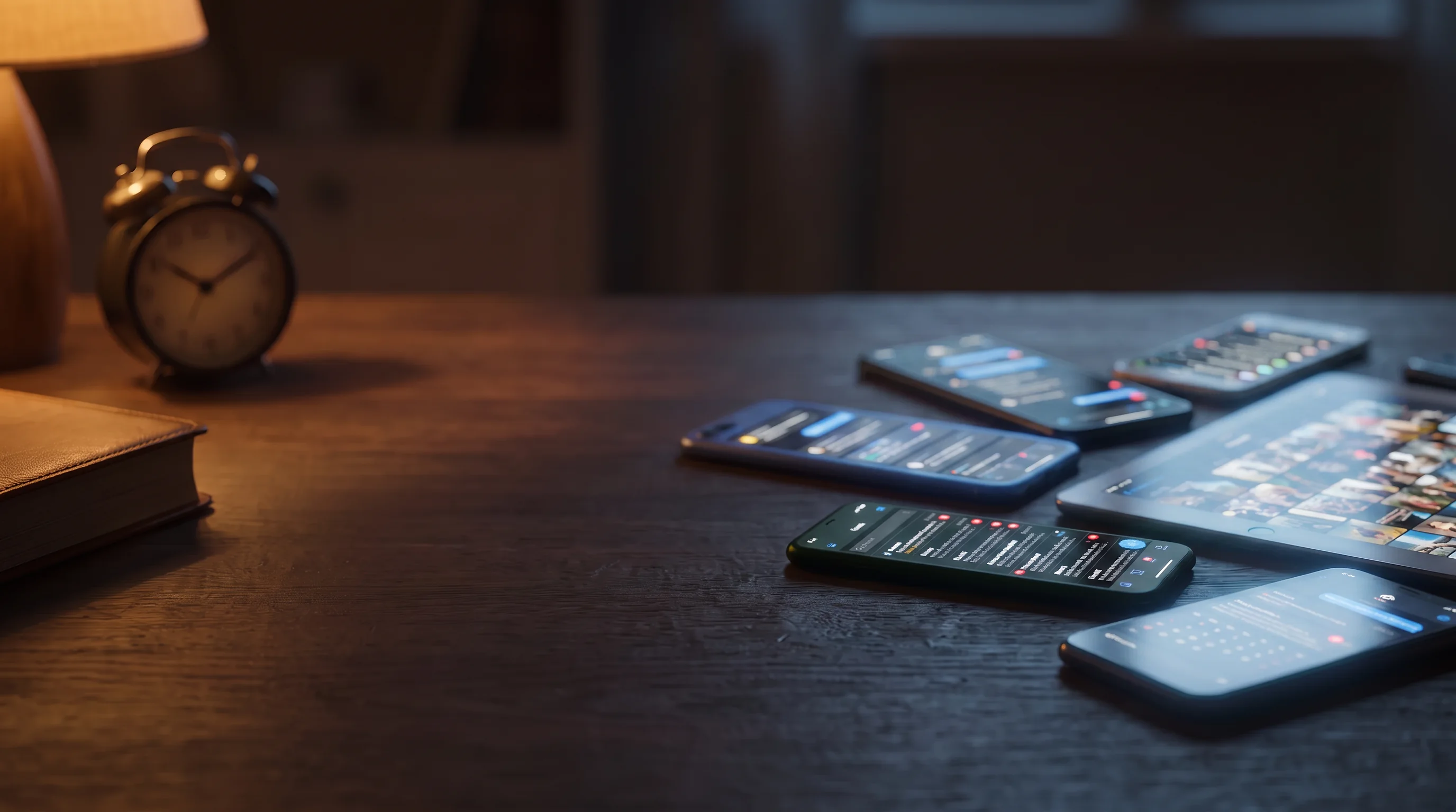 Aktive Smartphones und Tablets mit anonymen E-Mail-, Social- und Benachrichtigungsoberflächen als Metapher für digitale Reizüberflutung