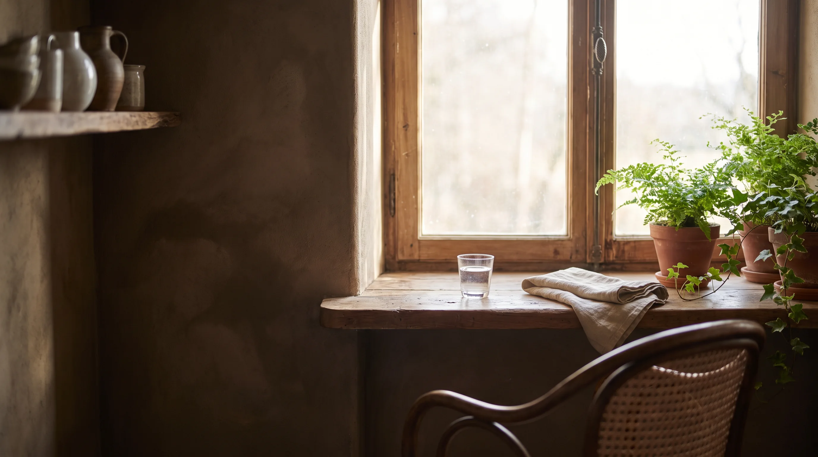 Offenes Fenster, Wasser und Morgenlicht als ruhige Abschlussmetapher