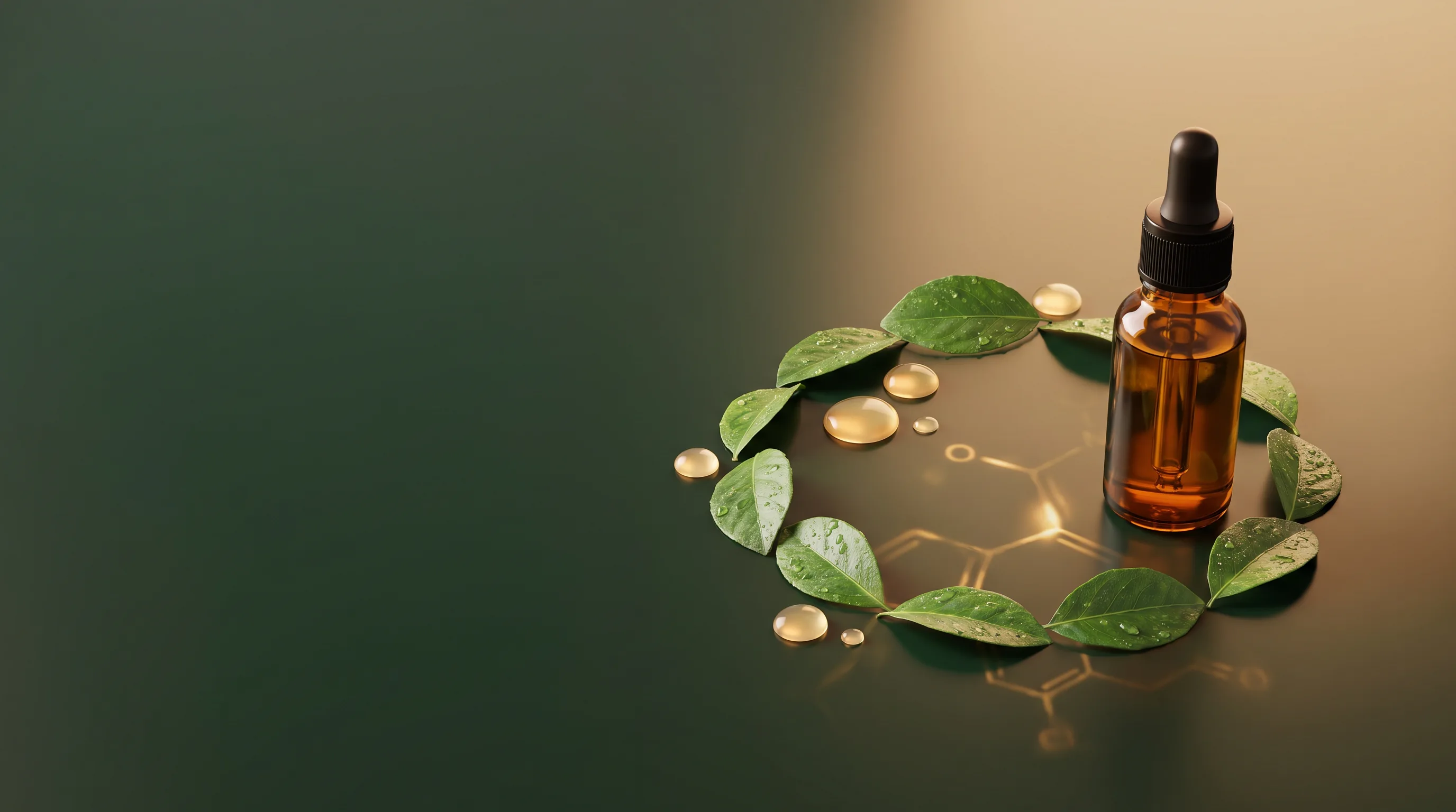 Bernsteinfarbenes Tropffläschchen und Blätter als Metapher für antioxidantische Unterstützung