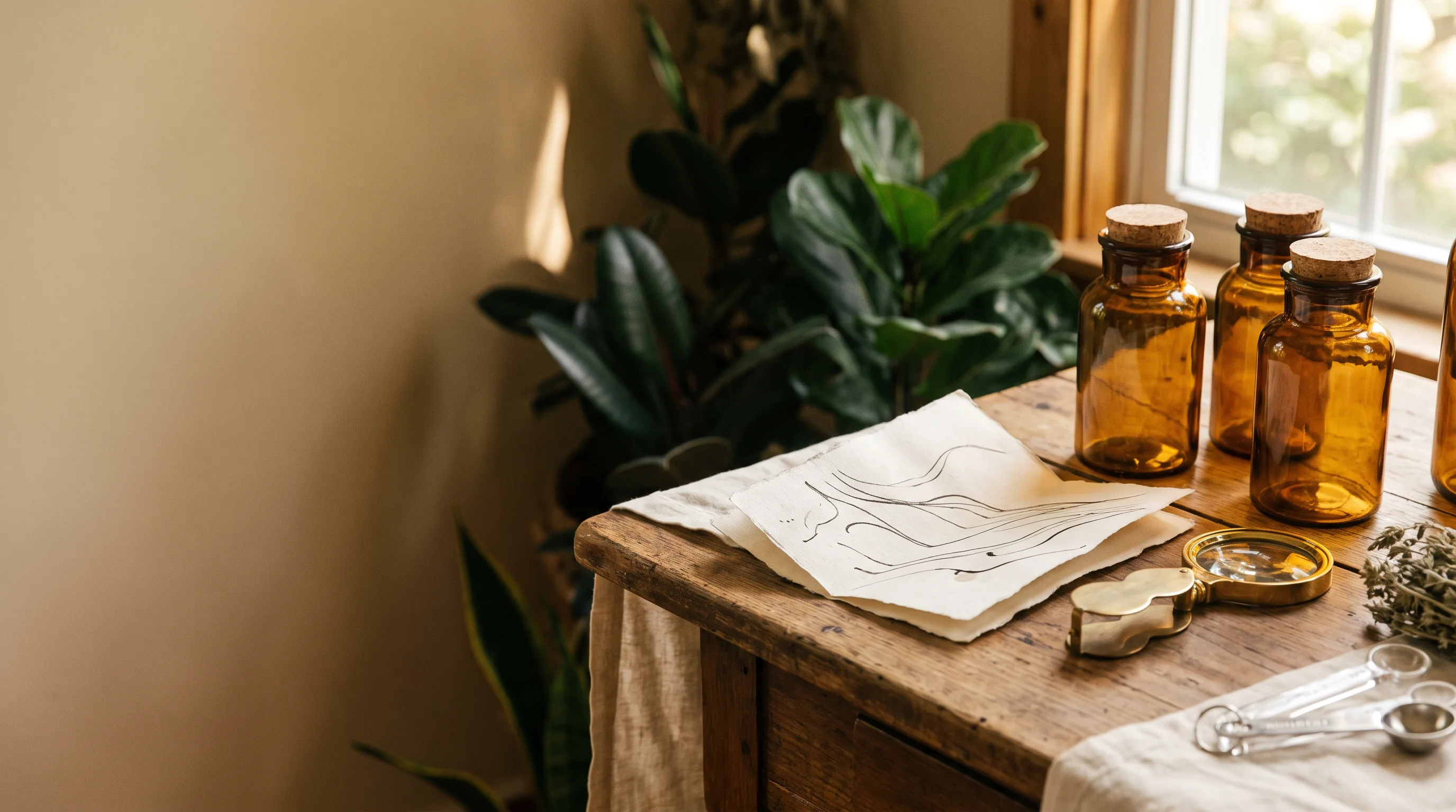 Apothekergläser und eine sorgfältige Prüfnotiz als Metapher für Reinheit und Qualität