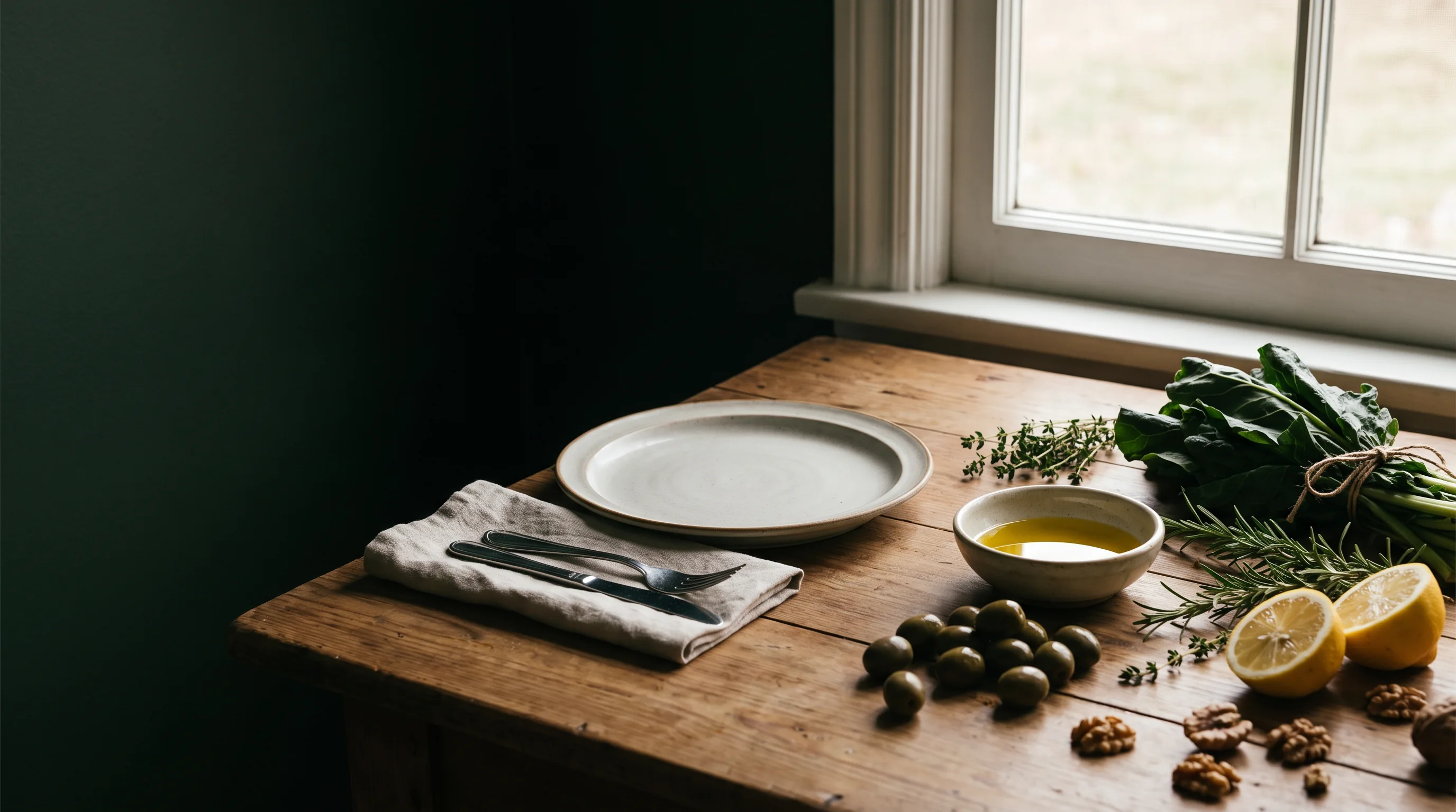 Mediterrane Zutaten, Kräuter und ein bewusst gedeckter Tisch