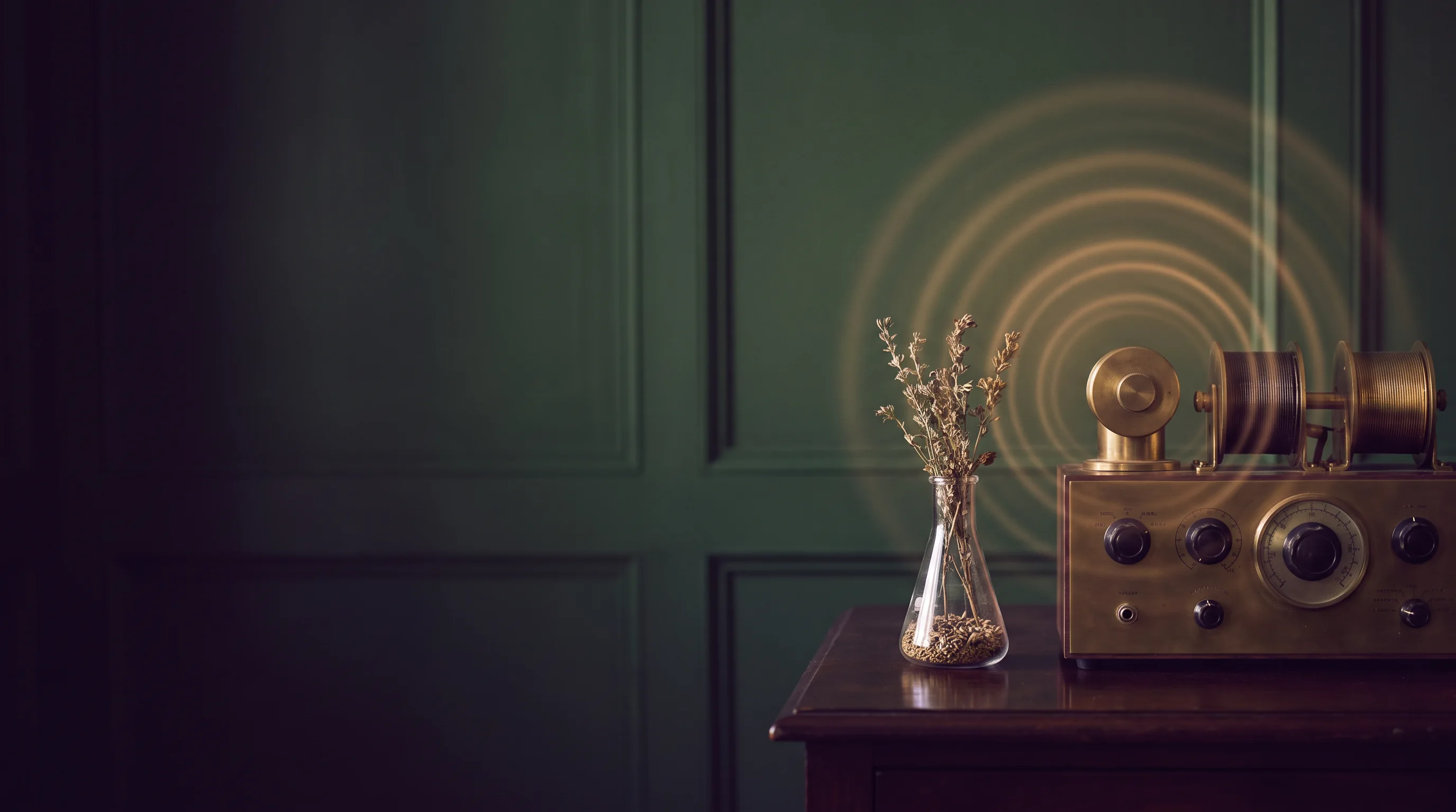 Subtile radionische Apparatur mit Kräutern und goldenen Resonanzimpulsen