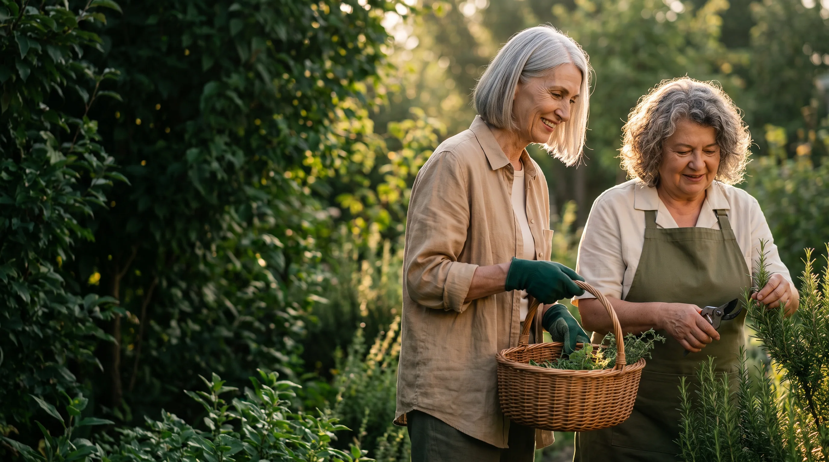 Zwei ältere Frauen arbeiten selbstbestimmt und fröhlich in einem Kräutergarten