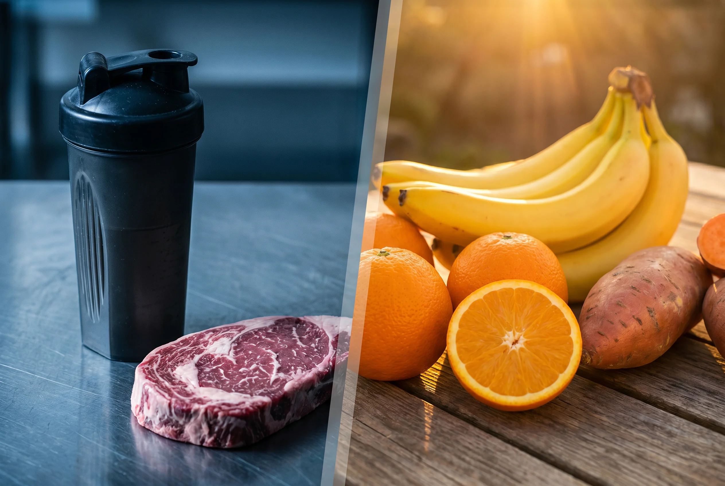 Protein-Shake und Steak links, frische Früchte rechts — der Vergleich zweier Welten