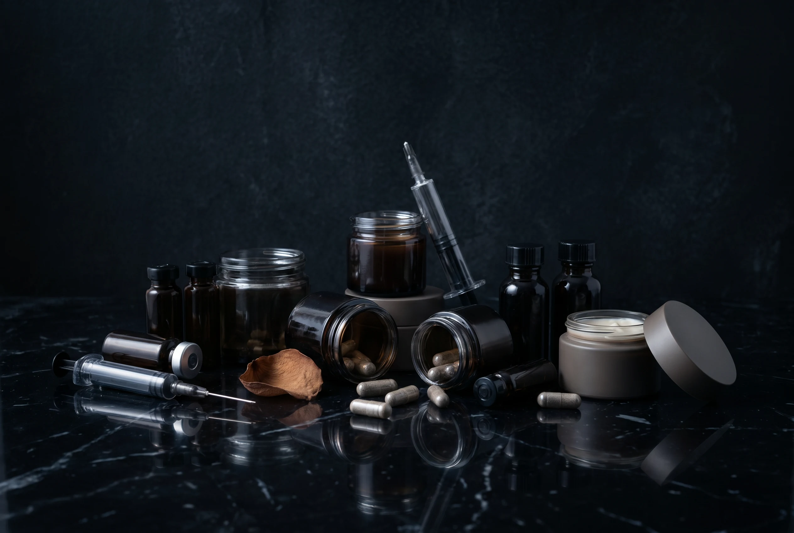 Kosmetikprodukte auf schwarzem Marmor — Schönheitsindustrie
