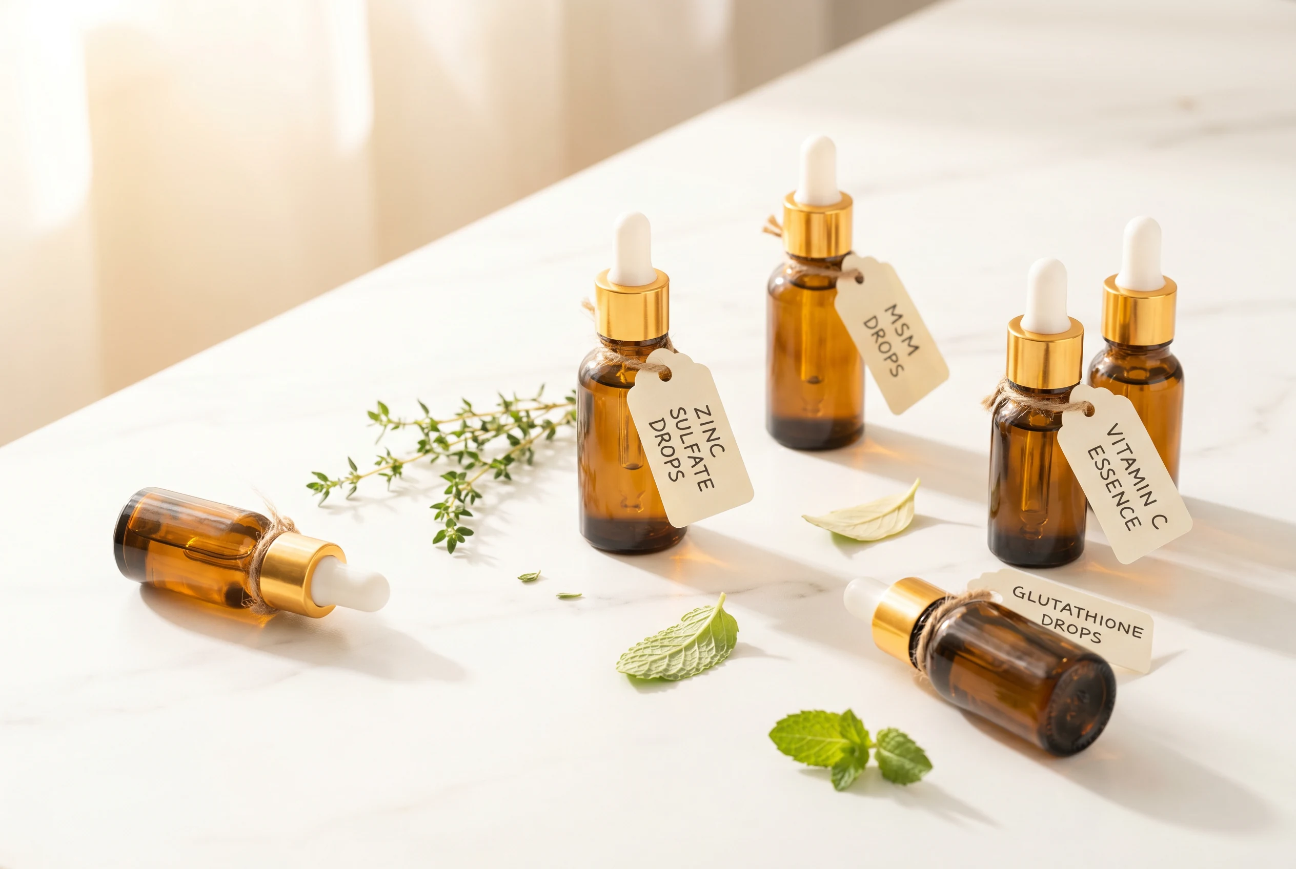 Naturkosmetik-Essenzen und Tinkturen auf hellem Marmor