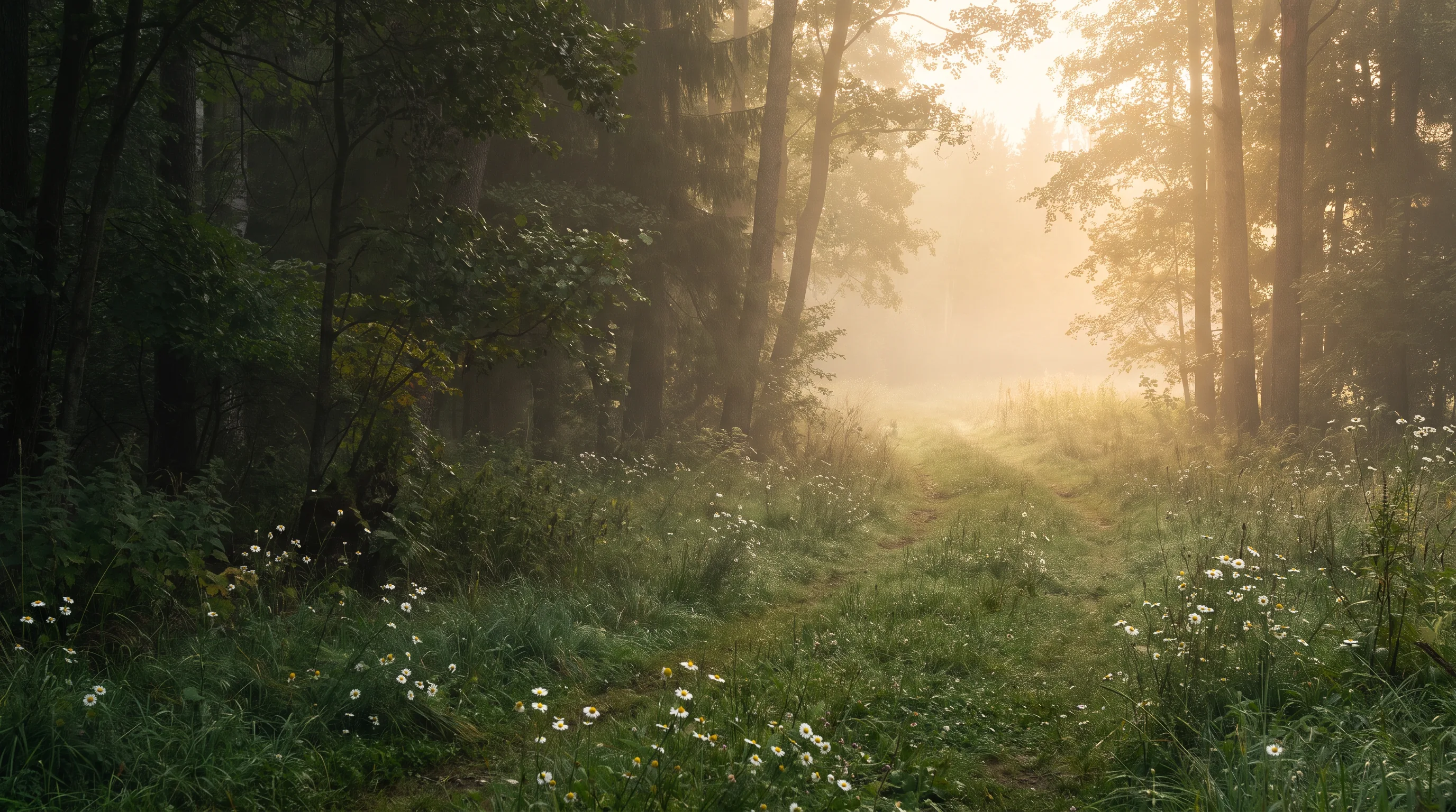 Wiesenpfad mit Kamille im warmen Morgenlicht als hoffnungsvoller Abschluss